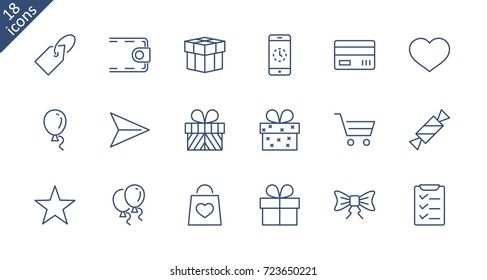 A set of gifts, vector line icons. Contains symbols gift cards, ribbons and more. Editable Stroke. 32x32 pixel.