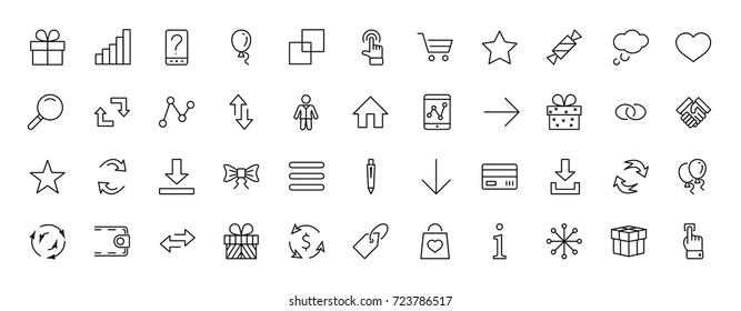 A set of gifts, vector line icons. Contains symbols gift cards, ribbons and more. Editable Stroke. 32x32 pixel.