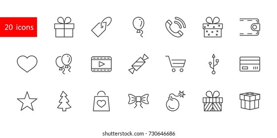 A set of gifts, vector line icons. Contains symbols gift cards, ribbons and more. Editable Stroke. 32x32 pixel.