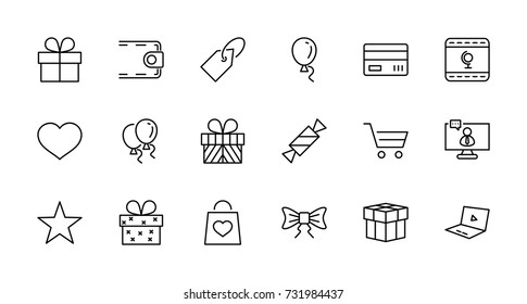 A set of gifts, vector line icons. Contains symbols gift cards, ribbons and more. Editable Stroke. 32x32 pixel.