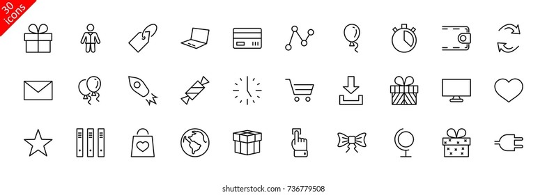 A set of gifts, vector line icons. Contains symbols gift cards, ribbons and more. Editable Stroke. 32x32 pixel.