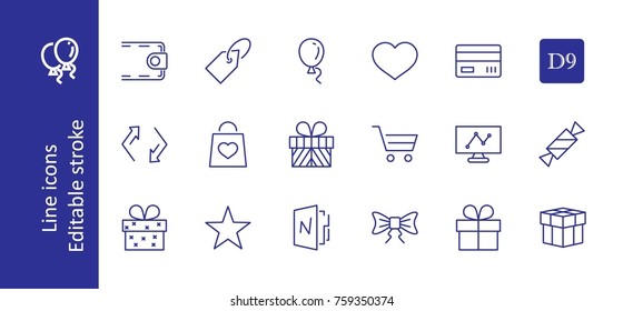 A set of gifts, vector line icons. Contains symbols gift cards, ribbons and more. Editable Stroke. 32x32 pixel.