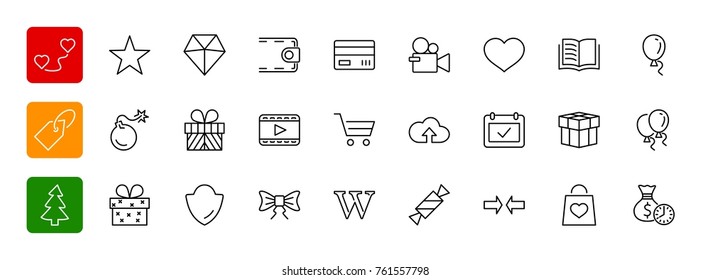 A set of gifts, vector line icons. Contains symbols gift cards, 
