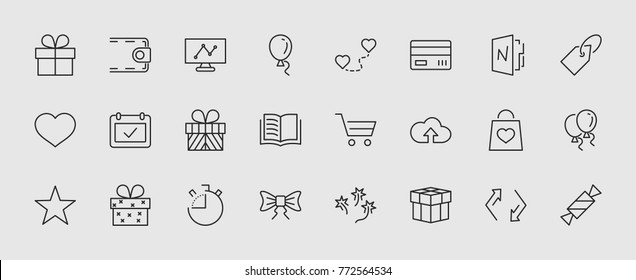 A set of gifts, vector line icons. Contains symbols gift cards, ribbons and more. Editable Stroke. 32x32 pixel.