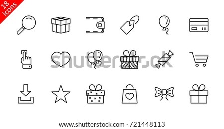 A set of gifts, vector line icons. Contains symbols gift cards, ribbons and more. Editable Stroke. 32x32 pixel.