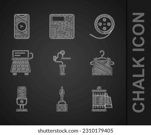Set Gimbal stabilizer for camera, Movie trophy, Camera roll cartridge, Sleeveless T-shirt, Microphone, Retro typewriter, Film reel and Online play video icon. Vector