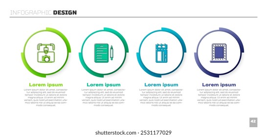 Ajuste o estabilizador Gimbal com câmera, Cenário, Bilhete de cinema e Luzes de espelho de maquiagem. Modelo de infográfico comercial. Vetor