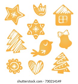 Set of ginger bread Cookies. Vector Illustration. Flat style Icons. Gingerbread beard, Christmas tree, Star, Heart, Bell and other holiday Symbols. Festive Winter Baking for Christmas Holidays.