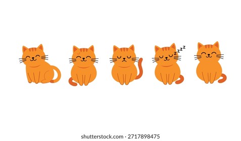 Set of ginger cat characters showing various moods from happy and sleepy to sad and neutral on a plain white background for kids.