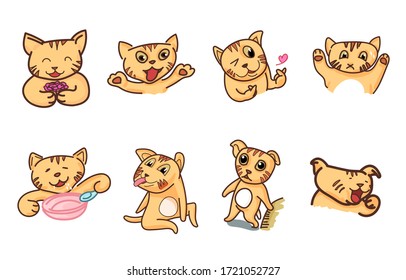 Set of ginger cat in funny pose and face, isolated on white background, vector illustration