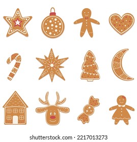 Set of ginger cookies in different shapes with icing on a light background. Christmass bakery in flat style