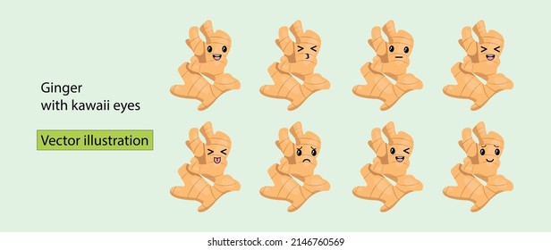 Set Ginger with kawaii eyes. Flat design vector illustration of ginger on green background
