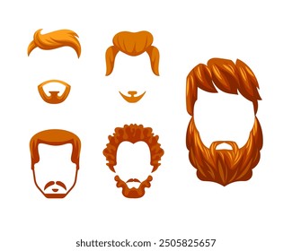 Set of ginger and red hair and beards for cartoon character customization featuring different trendy haircuts