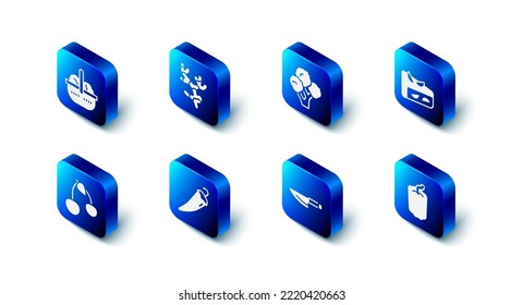 Set Ginger root, Broccoli, Homemade fruit pie, Bell pepper, Knife, Hot chili, Cherry and Basket and food icon. Vector