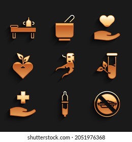 Set Ginger root, Pipette, Food no diet, Laboratory glass and leaves, Cross hospital medical, Heart, hand and Massage table with oil icon. Vector