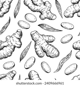 Set of ginger roots in engraving style. Black and white ink illustration. Vector print