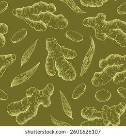 Set of ginger roots in engraving style. Black and white ink illustration. Vector print