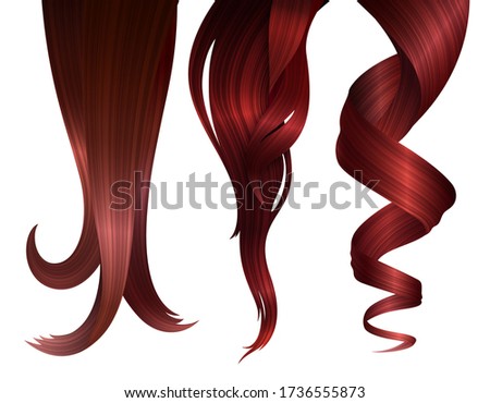 Set of Ginger Wavy Strands of Hair. Vector Realistic 3d Illustration. Design Element for Hairdressers, Beauty Salons, Hair Care Cosmetics, Shampoo or Conditioner Packaging
