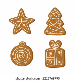 A set of gingerbread Christmas cakes on a white background, hand-drawn. Vector illustration