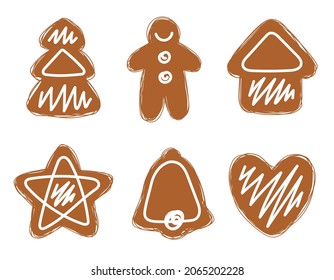 Set of gingerbread Christmas cookies decorated icing. Symbol of Christmas, New Year, winter holidays. Original stylized gingerbread cookies Isolated on white. Modern hand-drawn vector illustration.