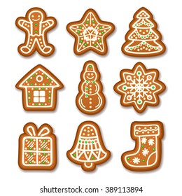Set of Gingerbread Christmas cookies decorated icing. Holiday cookie in shape of Christmas Xmas tree, star, bell, sock, gingerbread men, snowflake, snowman and gift. Vector illustration
