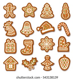 Set of Gingerbread Christmas cookies decorated icing. Holiday cookie in shape of Christmas Xmas tree, cock, sock, gingerbread men, holly berry, angel, pinecone and gift. Vector illustration