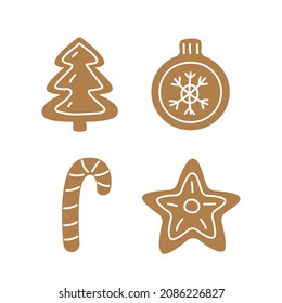 Un conjunto de galletas de Navidad de pan de jengibre de diferentes formas. Recogida de productos horneados para las vacaciones. Árbol de Navidad, bola, estrella, chupete. Ilustración vectorial en el estilo de los niños con dibujos animados