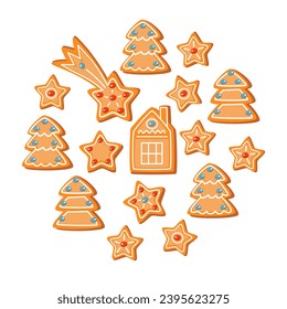 Set of gingerbread Christmas cookies with fondant icing in shape of house with chimney, window, forest trees, five-pointed stars and comet. Cute vector holiday illustration with homemade baked goods.