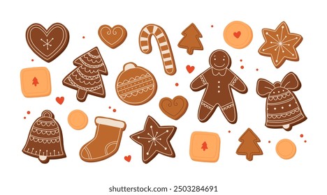 Set of gingerbread Christmas cookies with fondant icing in shape of forest trees, five-pointed stars and sweet cane, stocking and bell. Cute vector holiday illustration with homemade baked goods.