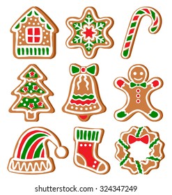 Set of Gingerbread Christmas Cookies Isolated on White Background