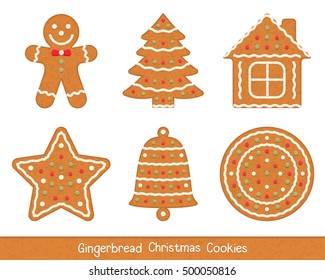 Set of gingerbread Christmas cookies - man, tree, house, star, bell and circle, vector eps10 illustration