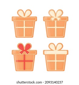 Set of gingerbread Christmas cookies. A Christmas present. Gingerbread gift decorated with colored glaze and isolated on a white background.