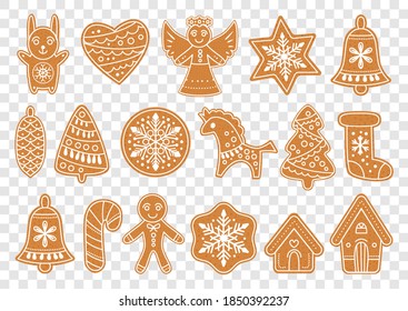 Set of gingerbread christmas cookies. Vector illustration. Vector Xmas bakery collection of christmas ornaments, gingerbread man, angel, snowflake, and Christmas tree.