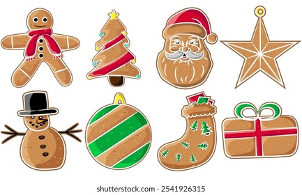 Set of gingerbread Christmas elements, Santa, Christmas Tree, Gingerbread Man, and Snowman etc isolated on a white background