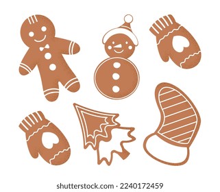 Set of gingerbread. Collection of stickers for social networks. Patterns of cookies and meat products. New Years and Christmas. Cartoon flat vector illustrations isolated on white background