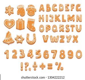 Set of gingerbread cookies alphabet, numbers, holiday treat, sweet pastries of different shapes, punctuation marks, vector illustration