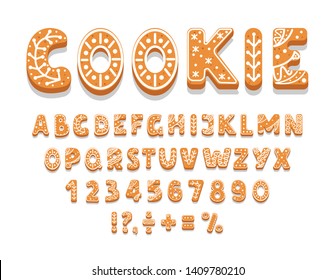 Set of gingerbread cookies alphabet, numbers, holiday treat, sweet pastries of different shapes, punctuation marks, vector illustration