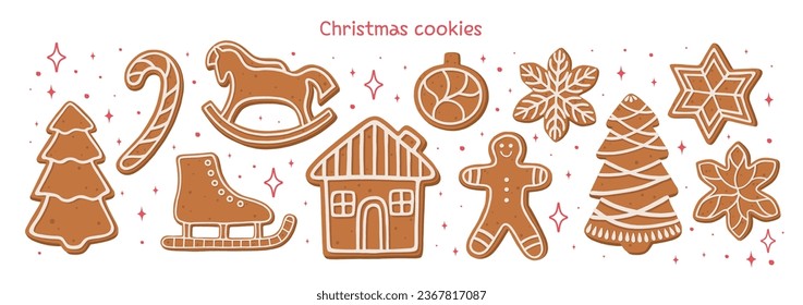 Set of gingerbread cookies. Christmas biscuits. Gingerbread man, home, snowflakes, and others. Xmas and New Year decor.