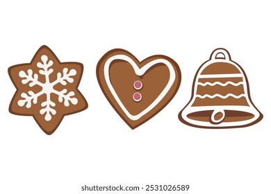 Set of gingerbread cookies. Christmas biscuits.Winter homemade xmas sweets in shape of  heart, bell, and snowflake. Vector Illustration