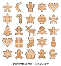 Set of gingerbread cookies. Christmas elements for winter holidays. Gingerbread man and woman, Christmas tree, present, stars, bell, ball, house, heart. Hand-drawn vector illustration.