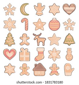 Set of gingerbread cookies. Christmas elements for winter holidays. Gingerbread man and woman, Christmas tree, present, stars, bell, ball, house, heart. Hand-drawn vector illustration.