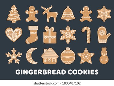 Set of gingerbread cookies. Christmas elements for winter holidays. Gingerbread man and woman, Christmas tree, present, stars, bell, ball, house, heart. Hand-drawn vector illustration.