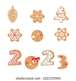 Set of gingerbread cookies for Christmas. New Year Ginger classic decorated cookie. Holiday winter symbols. Vector color illustration isolated on white background