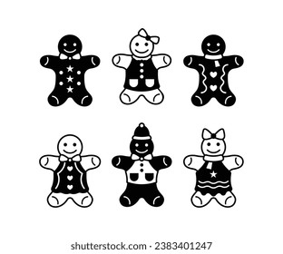 set of gingerbread cookies christmas vector icon design illustration collections black white simple style