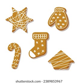set of gingerbread cookies collection hand drawn style, isolated on white background