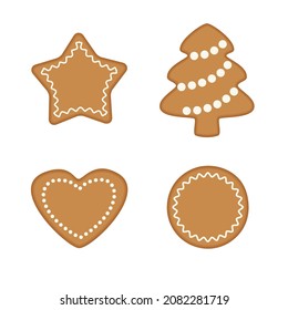 Set of gingerbread cookies different shape: star, round, heart and Christmas tree. Vector flat illustration isolated on white background