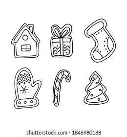 Set of gingerbread cookies in Doodle style. The sketch is hand-drawn and isolated on a white background. Element of new year and Christmas design. Outline drawing. Black-white vector illustration