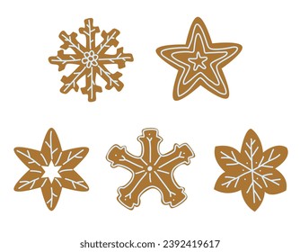set of gingerbread cookies in the form of snowflakes and stars