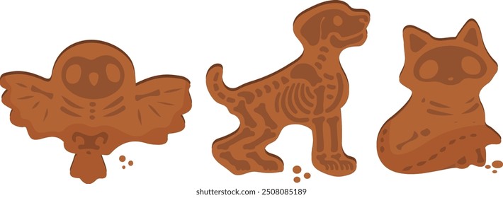 set with gingerbread cookies for Halloween with the design of a skeleton of a dog, an owl, a fox and round crumbs, vector