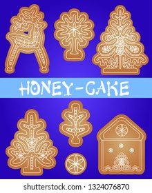 Set of gingerbread cookies holiday treat, deer, house, sweet pastries of different shapes.